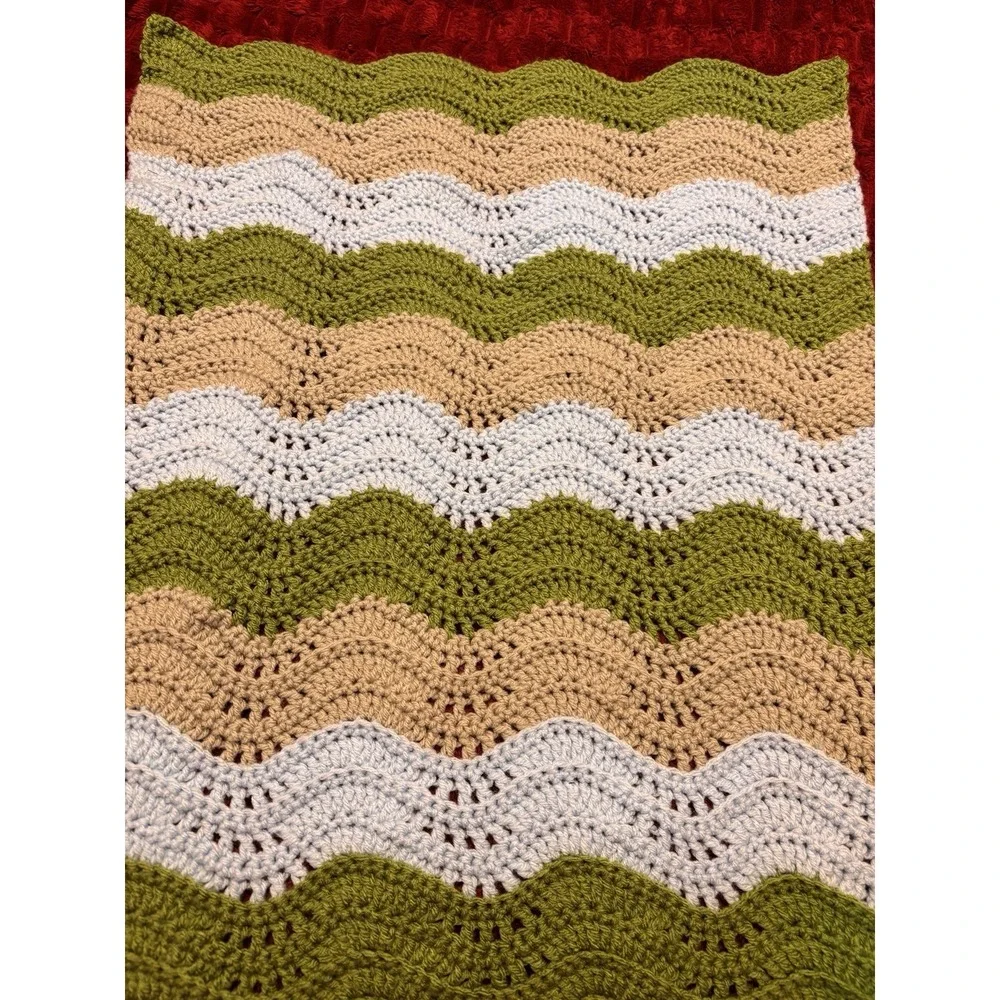 Baby Blanket Handmade Crochet Wave Stitch Green Gray Blue Stripes 25x21 Nursery